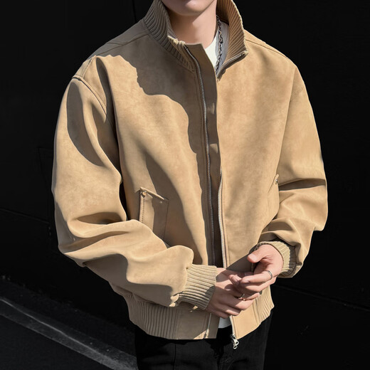 Homlean simple versatile jacket men's autumn American retro pu leather stitching stand collar loose casual jacket HJ52 khaki L