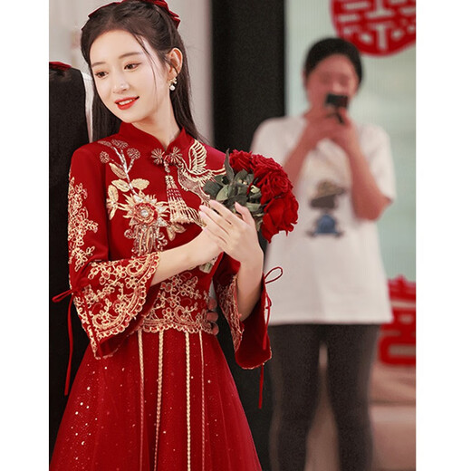 Seidler New Chinese Bridal Toast Wear Cheongsam 2025 New Evening Dress Winter Long Dress Engagement Burgundy Long L (Recommended 106-115 Jin Jin equals 0.5 kg)