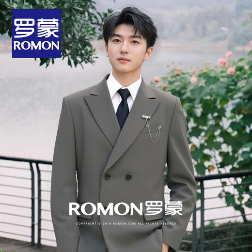 ROMON men's suit suit double-breasted groom wedding dress business formal high-end banquet host suit for men black suit + shirt + pants XL 151-165Jin Jin equals 0.5 kg