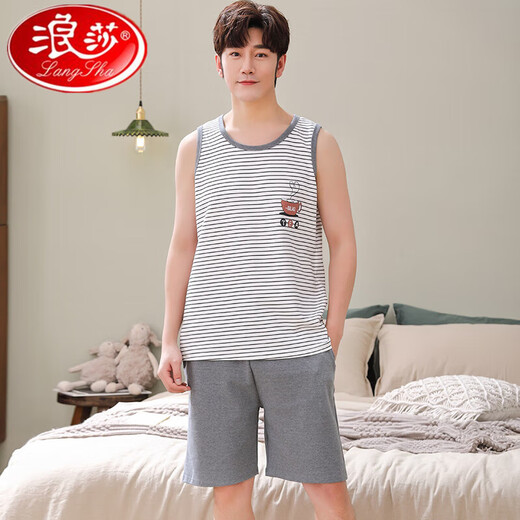 浪莎男士背心夏季青少年无袖短裤睡衣大码薄款纯棉套装男款外穿家居服 1283牛仔豚男牙 L码100-125斤 均码