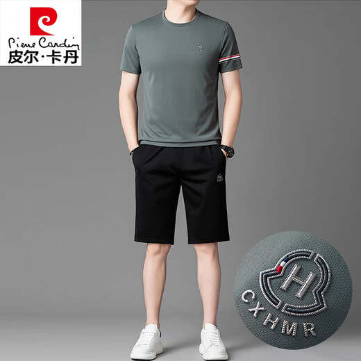 皮尔卡丹高端桑蚕丝运动套装男士2025夏季冰.丝短袖T恤男装套装休闲两件套 绿色套装【13603-1】 M 165 【适合体重100-120斤】