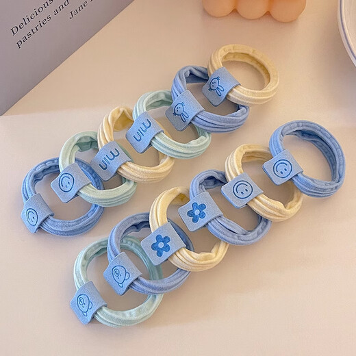 Hesi language sea salt series 10 pieces, bear-labeled hair ties, cute and non-harmful hair ties, rubber bands, hair rope hair accessories, sea salt series, 5 pieces-blue label bear