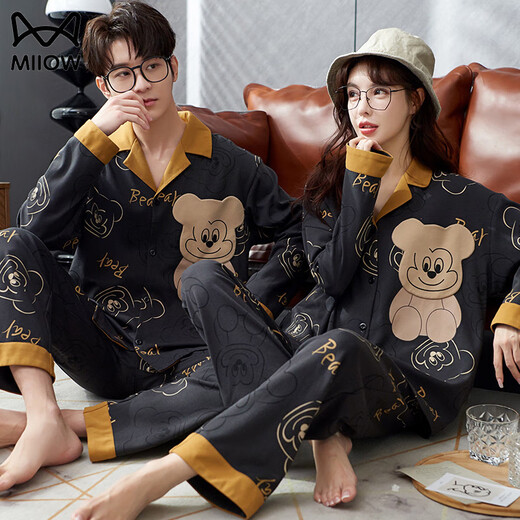 MiiOW spring and autumn cardigan lapel couple pajamas for men and women pure cotton long-sleeved trousers loose casual can be worn outside home clothes suit AM female 34843 male 34844 XL female