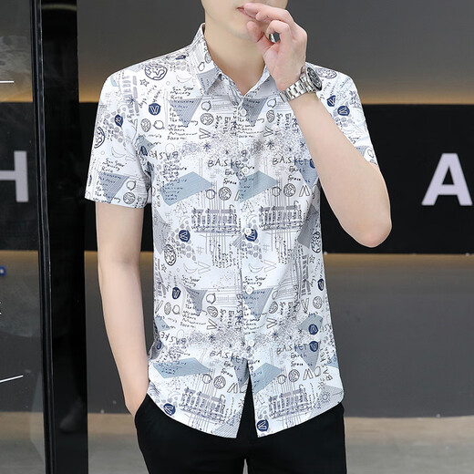 以纯官方夏季冰丝男士短袖衬衫薄款潮流潮牌感薄款衬衣休闲潮流印花寸 7027灰色 M 90-110斤