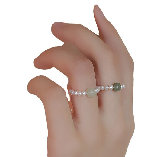 Fingertip Hetian jade and shell beads ring for women, light luxury index finger ring, high-end tail ring, light color Hetian jade 6-7mm/shell beads 3mm