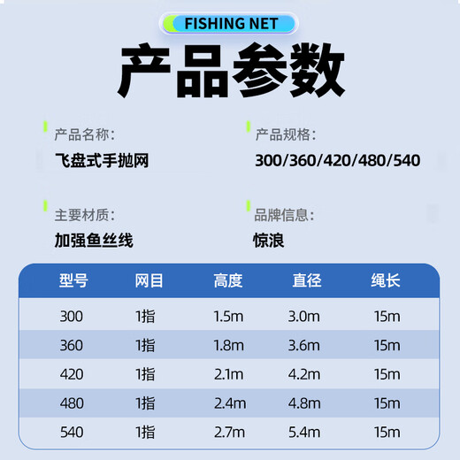 Jinglang hand throw net, Frisbee type, iron chain type, easy to throw fishing net, fishing net, spin net, swing net fishing net, type 540