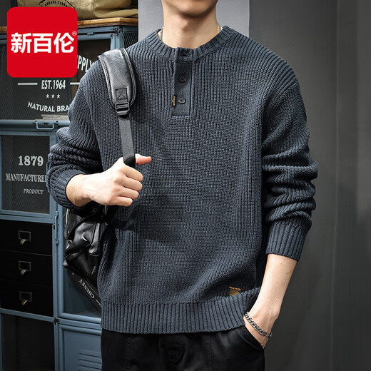 New Balance 2025 Winter Trendy Sweater Men's American Retro Henley Collar Versatile Heavyweight Casual Sweater Autumn and Winter Jacket Gray Blue L Size Suitable Weight 115-130Jin Jin is equal to 0.5 kg
