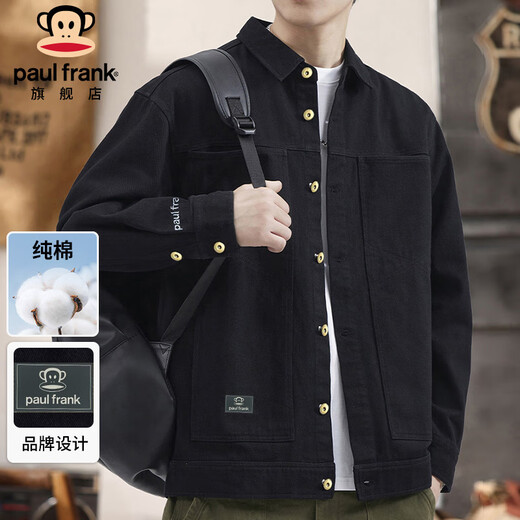 Paul Frank Jacket Men's Spring and Autumn Trendy Cotton Work Jacket Men's Casual Denim Top Men's Black XL