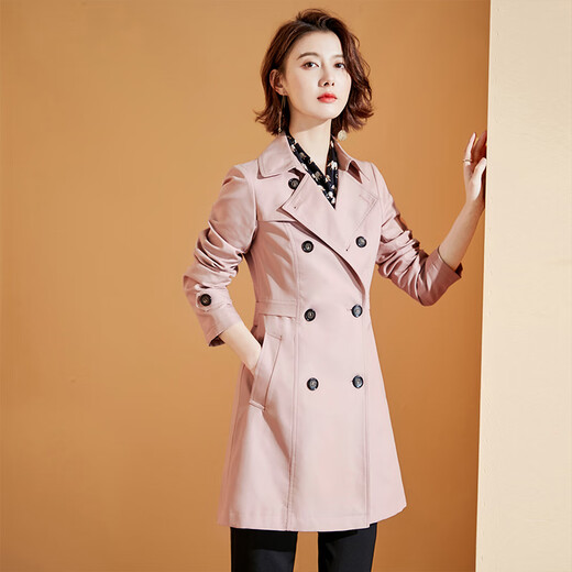 Time flies British style classic trench coat Spring double-breasted slim-fitting mid-length women's trench coat pink M