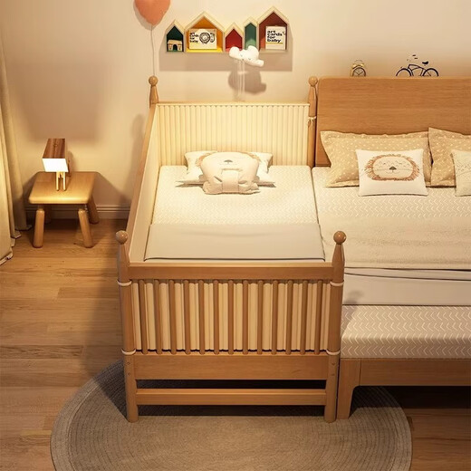 Hong Richeng solid wood children's spliced bed, widened bed with guardrails, small bed, baby boy and girl single bed, seamless splicing large bed, cylindrical style - three-sided guardrails 150*60