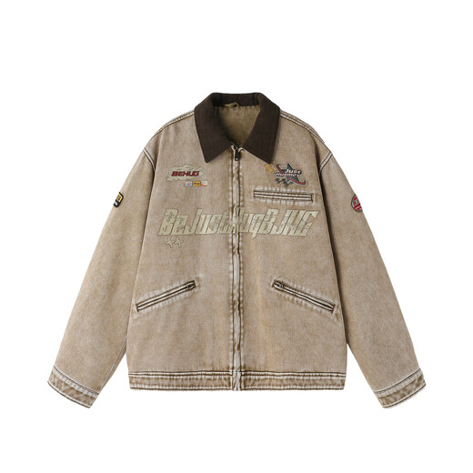BJHG reckless American jacket men's autumn 2025 new corduroy stitching trendy brand workwear tops women's distressed khaki M