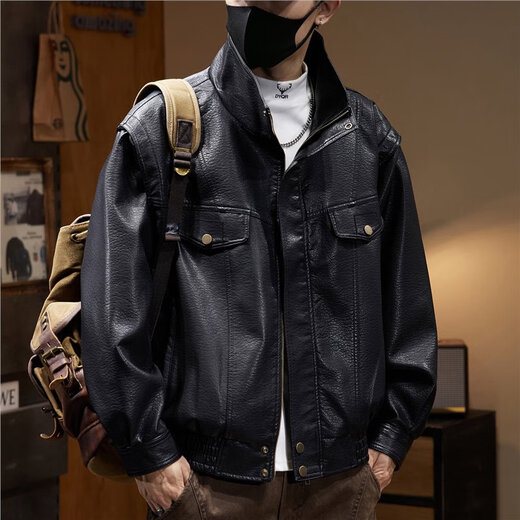 Autumn and winter trendy American retro PU soft leather jacket for men, simple loose black jacket, men's casual work jacket, black T606 M, suitable for weight 100-120Jin Jin equals 0.5 kg