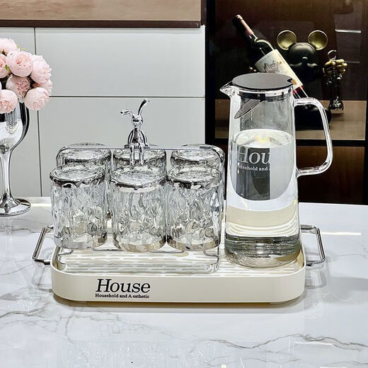 Yangma recommends light luxury glass water set ins air-cooled kettle for living room household high temperature resistant tea making housewarming gift silver edge corrugated-1 pot 6 cups+cup holder+holder_tray+