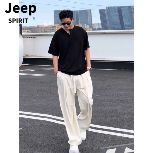 JEEP SPIRIT American Henley collar polo shirt with short sleeves and drapey ice silk casual pants for boys, a cool and handsome outfit for spring and autumn, two-piece set, black short sleeves + off-white pants M