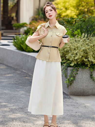 NOSSKISS奢侈高档品牌时尚气质连衣裙女2025夏季新款韩系休闲百搭两件套 黄色 L 建议(110-120斤)