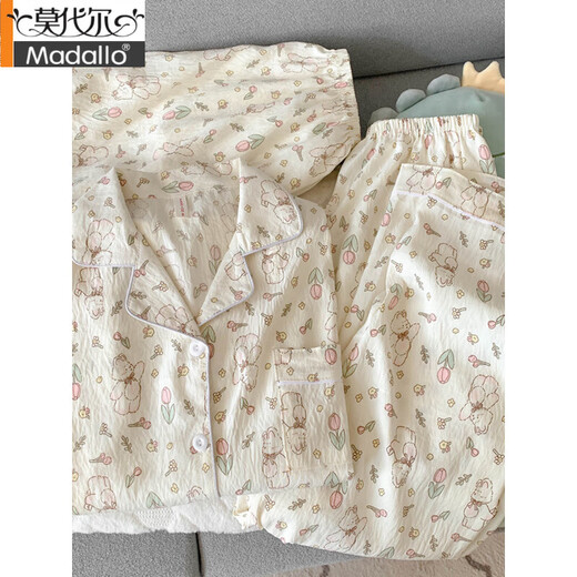 莫代尔纯棉纱布睡衣女短袖长裤春夏款三件套可爱小狗少女开衫家居服夏季 云朵棉-J9901#乐园小狗三件套 M [建议75-100斤]