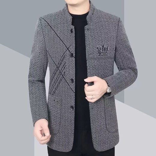 FELALWEN autumn and winter coat stand collar jacket business temperament casual winter men's slim stand collar tunic jacket gray 2XL 130-145Jin Jin equals 0.5 kg