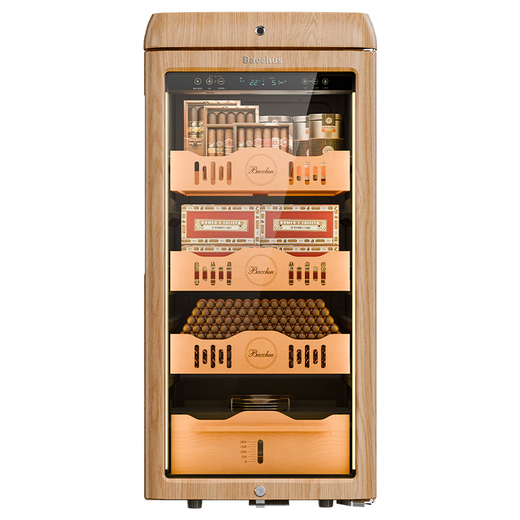 Bacchus YC-118 Smart Cigar Cabinet WiFi + Ammonia Removal Retro Curved Constant Temperature and Humidity Imported Cedar Wood Moisturizing Variable Frequency Compressor Alcoholic Naked Culture Energy Saving Fingerprint Unlock Yellow Wood Grain (WIFI + Ammonia Removal + Frequency Conversion + Fingerprint Lock) 118L
