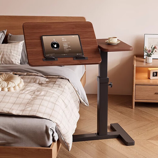 Huixun Jingdong's own brand computer desk bedside table movable lifting home office desk bedroom study table upgraded folding model - walnut color - black frame