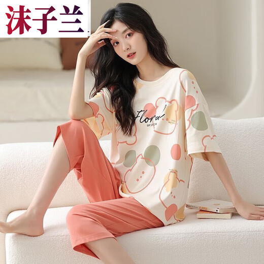 Mozilan new pajamas for women in summer short-sleeved cropped pants loose Korean style thin cute fresh home clothes women two-piece suit 7029# XS
