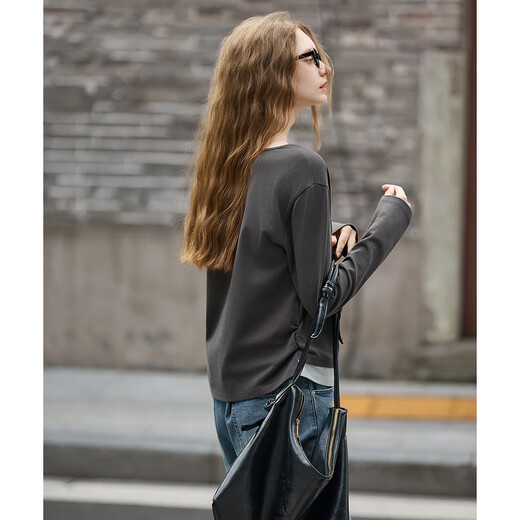 Tangshi 2025 autumn women's solid color small V-neck fake two-piece long-sleeved T-shirt