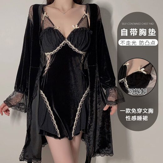 瑰若（Gui Ruo）DZ秋冬丝绒内衣简约深V加胸垫大码诱惑吊带睡裙外 3879黑色（外袍+腰带 均码
