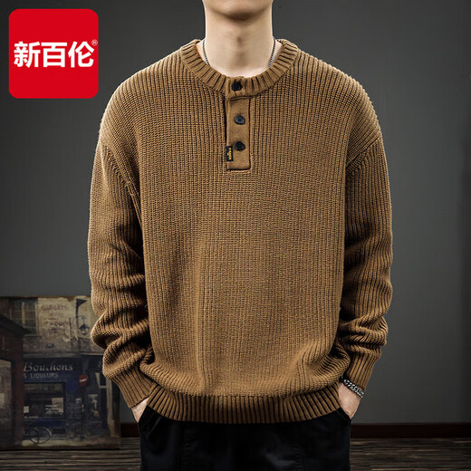 New Balance 2025 Winter Trendy Sweater Men's American Retro Henley Collar Versatile Heavyweight Casual Sweater Autumn and Winter Jacket Gray Blue L Size Suitable Weight 115-130Jin Jin is equal to 0.5 kg