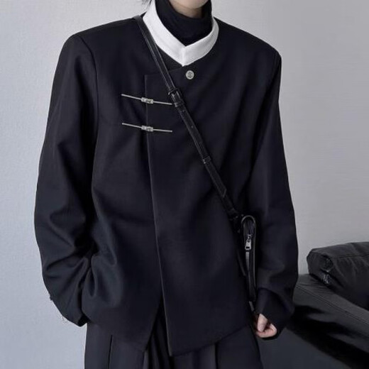 An Chuxia new Chinese style stand collar shoulder pad suit jacket men's spring and autumn trend niche design metal buckle casual suit black + black bottoming shirt + black trousers XL recommended 170-180c130-145Jin Jin equals 0.5 kg