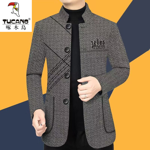 Woodpecker high-end woolen jacket men's coat spring autumn winter stand collar jacket middle-aged men's wool Chinese tunic suit dark gray XL 180/96A recommended 135-155Jin Jin equals 0.5 kg