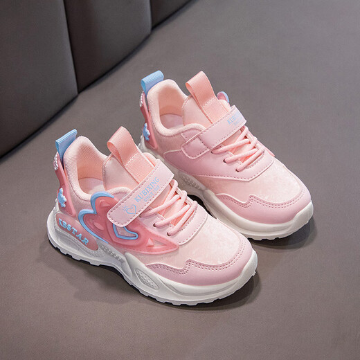 Girls mesh leather sneakers autumn new children's running shoes breathable soft sole little girl casual running shoes 9922 pink leather 36