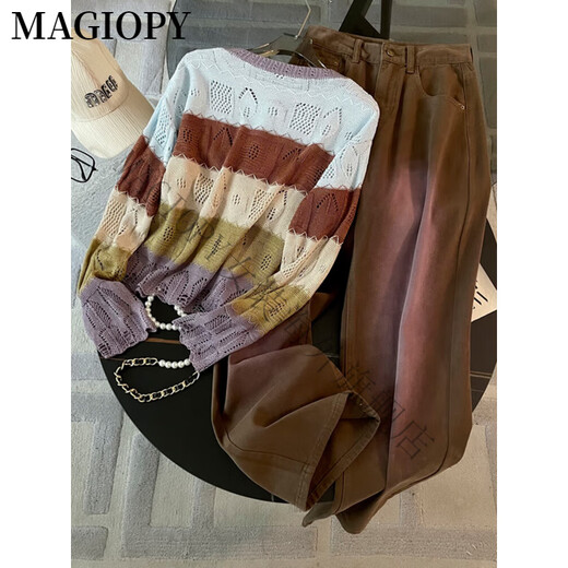 MAGIOPY国际奢侈高档品牌2025春装欧货时髦套装女彩色镂空针织上衣阔腿牛 咖拼蓝上衣+咖啡色牛仔裤 S(100斤以内)