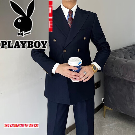 Playboy (PLAYBOY) British retro men's gentleman's slim double-breasted suit suit Korean style fashionable business formal suit two-piece suit black XL suit + pants