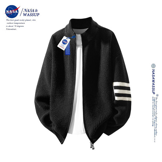 Nasawassup official trendy brand co-branded sweater men's autumn and winter retro stand-up collar striped cardigan zipper contrasting color men's sweater worsted gray XL (recommended 130-150Jin Jin equals 0.5 kg)