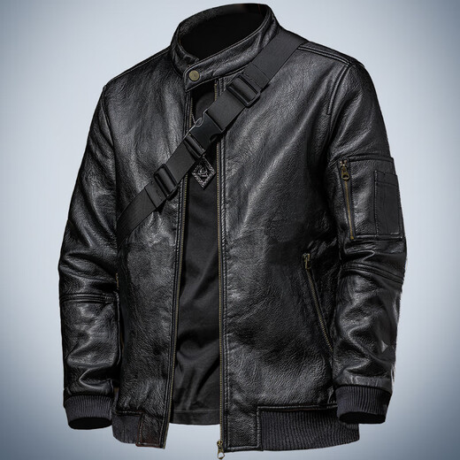 Ji Yan Autumn Men's 2025 New Leather Jacket Stand Collar Cotton Thickened Warm American Retro Motorcycle Leather Jacket Men Black M (Suitable for 100-115 Jin Jin equals 0.5 kg)