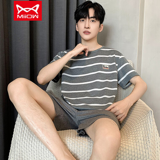 Catman (MiiOW) pajamas for men in summer pure cotton thin short-sleeved casual men in summer loose large size Jin [Jin equals 0.5 kg] Home clothing set H-9922 L 95-125 Jin [Jin equals 0.5 kg]