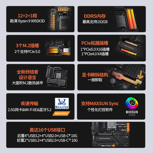 MAXSUN Terminator B850M PRO DARK WIFI материнская плата DDR5 CPU AMD 9800X3D/9700X/9600X/7800X3D (интерфейс AMD B850/AM5)