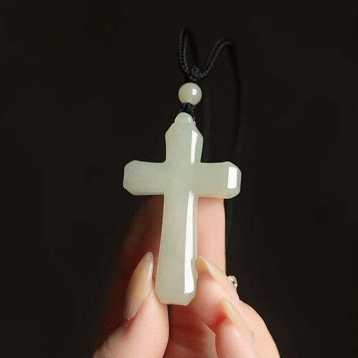 Jingjian Hotan jade cross pendant for men and women, safe jade pendant, jade pendant, white jade pendant necklace with certificate, cross pendant (black rope) 58*40*8MM