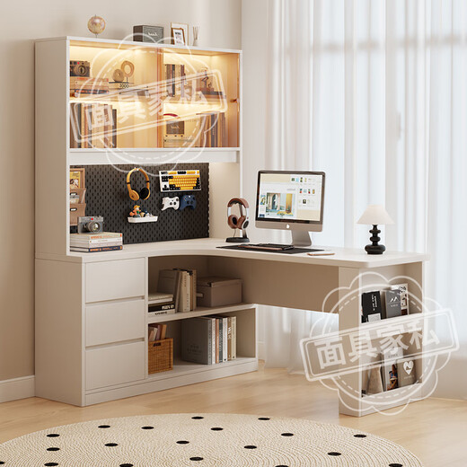 Mask furniture corner desk and bookcase integrated combination solid wood computer desk with perforated board bookshelf study table corner writing desk antique walnut color bookcase on the right 120*100*195cm