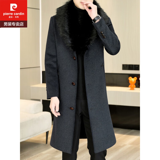 Pierre Cardin autumn and winter men's extended length knee-length woolen coat jacket trendy business men's thickened fur collar woolen windbreaker black XL