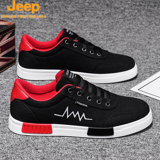 JEEP男鞋春季新款透气帆布鞋男韩版百搭平底板鞋男士防滑耐磨休闲鞋子 6636黑红色升级款/旗舰官方店 44