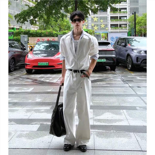 Jufeng Korean fake two-piece white long-sleeved shirt suit men's American striped splicing shirt and pants with a complete set of white shirt S (suitable for 85-100Jin Jin equals 0.5kg)