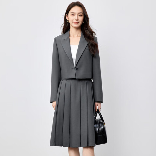 Chandubila Gaozhi Commuting Suit Gray Small Commuting Suit Collar Short Jacket & High Temperature Pleated A-Line Skirt Sand Gray XL 120-130Jin Jin equals 0.5kg Recommended choice