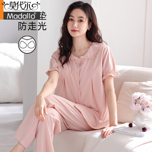Modal 2025 new pajamas for women in summer with chest pads, integrated anti-exposure pure cotton short-sleeved trousers thin home clothing set LSF-694 shrimp powder M 160 recommended weight 85-105Jin [Jin equals 0.5 kg]