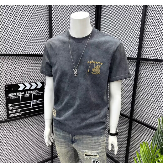 Summer new pure cotton men's casual versatile short-sleeved T-shirt American trendy brand printed light luxury slim top WZY Gray 2XL