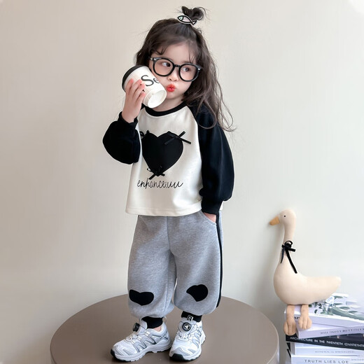 Burwilde International Brand Girls' Autumn Clothing Set 2025 New Children's Love Contrast Color Western Style Long-Sleeved Sweatshirt Spring and Autumn Clothing for Women White (Gift Box) 120 cm