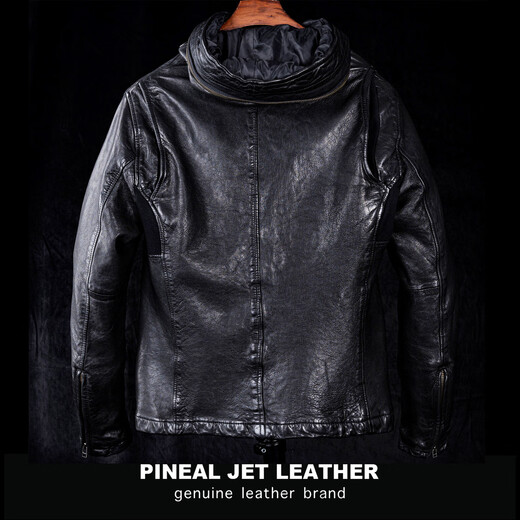 PJL男士复古黑暗风格潮装水洗植鞣帽子款皮夹克皮衣外套斜拉帽 黑色 M (130斤以下)