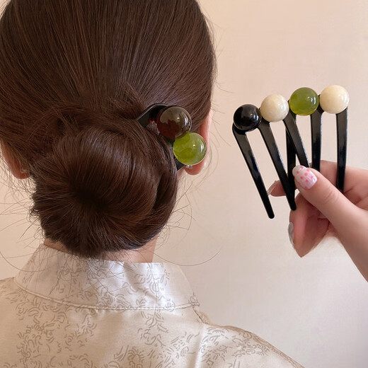 Case makeup Chinese Valentine's Day new Chinese style u-shaped beaded three-tooth hairpin for women, Chinese-style hairpin, comb ball hairpin, hairpin, coffee green-three-tooth hairpin