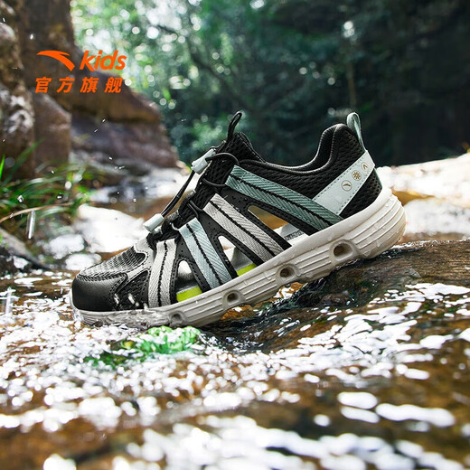 ANTA children's sandals, boys' shoes, 2025 summer new outdoor water and land tracing shoes, toe-toe anti-collision beach shoes, black/ice crystal green-2 33 size