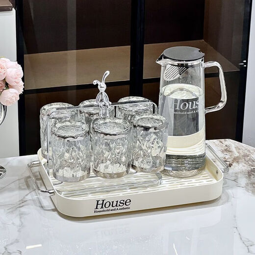 Yangma recommends light luxury glass water set ins air-cooled kettle for living room household high temperature resistant tea making housewarming gift silver edge corrugated-1 pot 6 cups+cup holder+holder_tray+