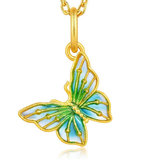 Dewey Van gold-wrapped 999 pure gold pendant G24k gold pendant enamel craft Butterfly Shadow Wizard series Chinese Valentine's Day gift Ice blue butterfly pendant + s925 necklace (thick gold layer)